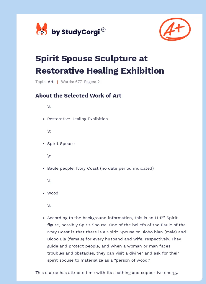 Spirit Spouse Sculpture at Restorative Healing Exhibition. Page 1