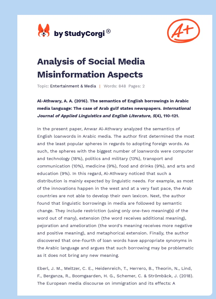 Analysis of Social Media Misinformation Aspects. Page 1