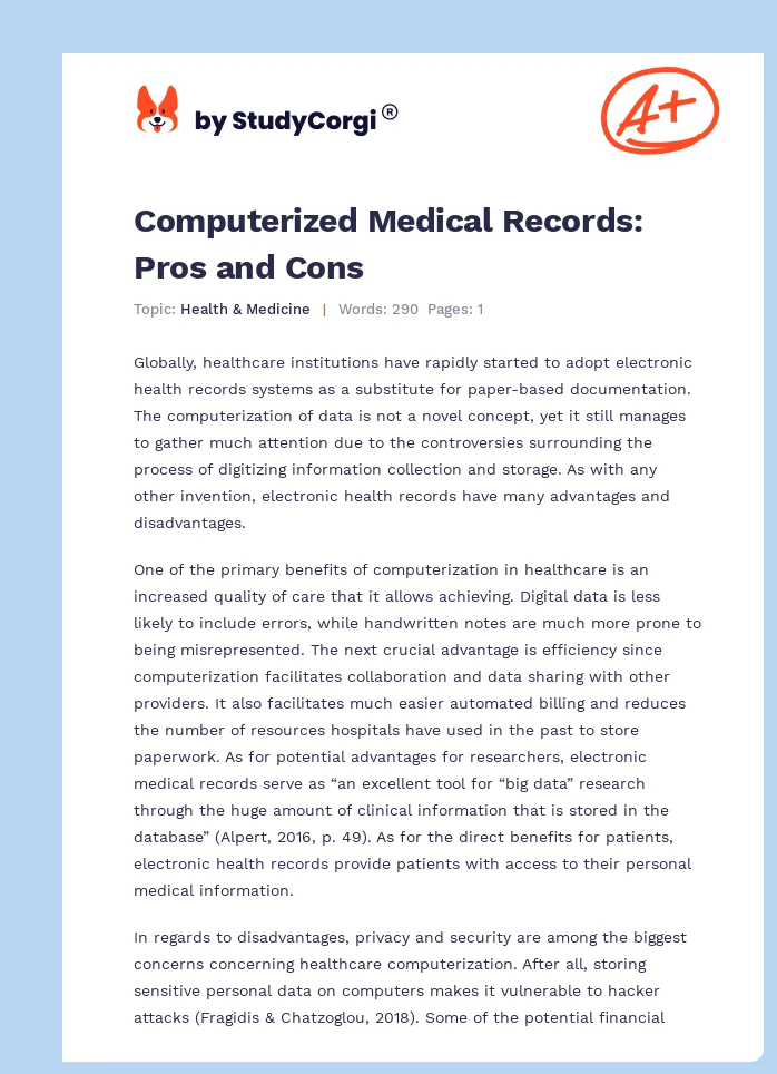 Computerized Medical Records: Pros and Cons. Page 1