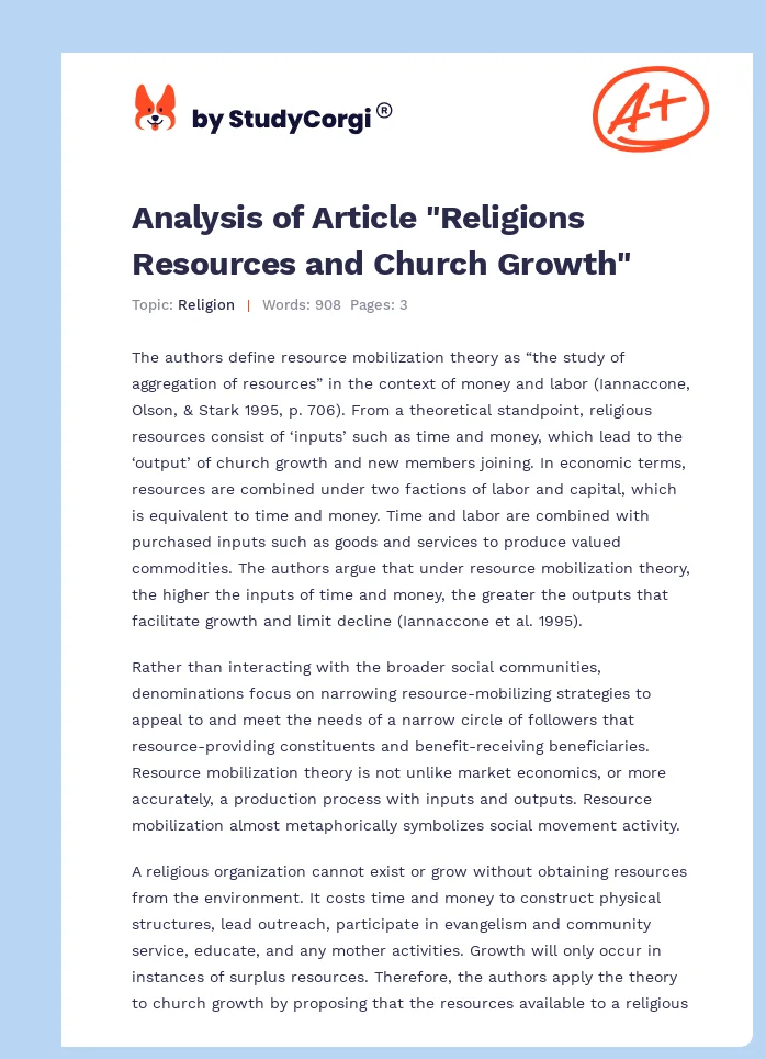 Analysis of Article "Religions Resources and Church Growth". Page 1