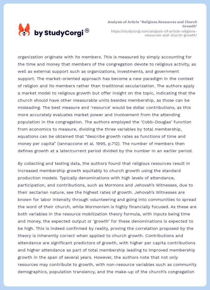 Analysis of Article "Religions Resources and Church Growth". Page 2