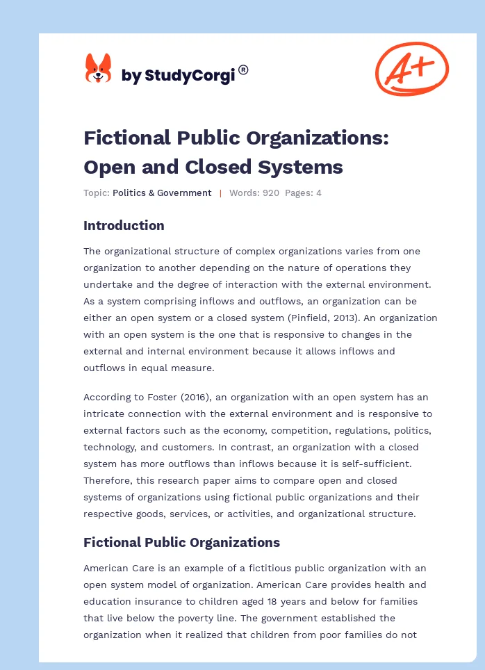 Fictional Public Organizations: Open and Closed Systems. Page 1