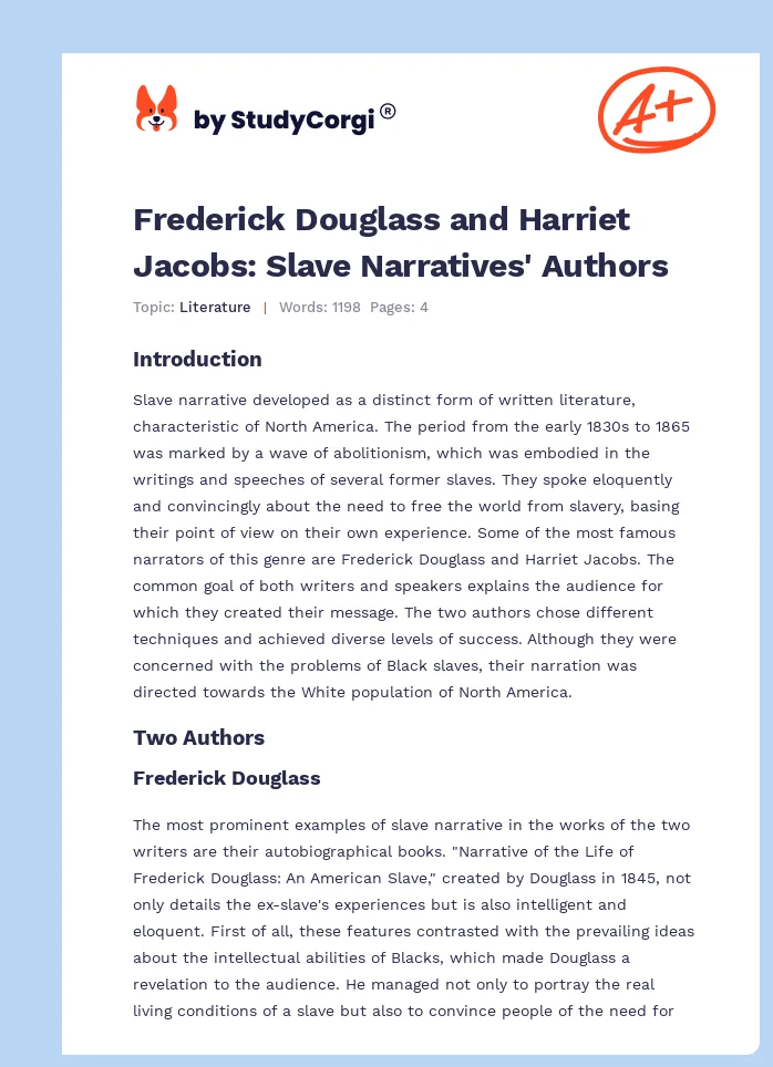 Frederick Douglass and Harriet Jacobs: Slave Narratives' Authors. Page 1