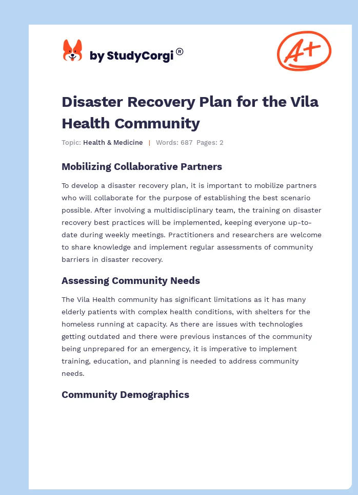 Disaster Recovery Plan for the Vila Health Community. Page 1
