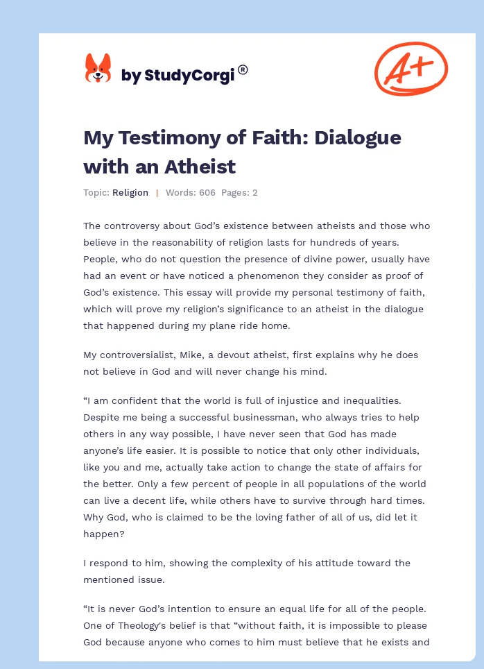 My Testimony of Faith: Dialogue with an Atheist. Page 1