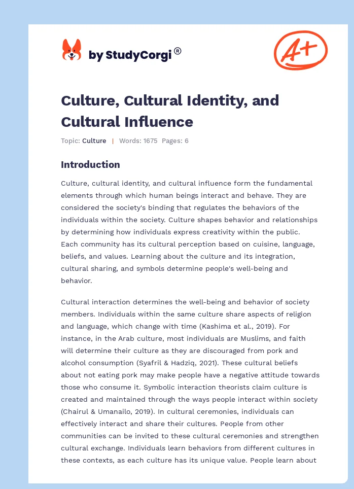 Culture, Cultural Identity, and Cultural Influence. Page 1