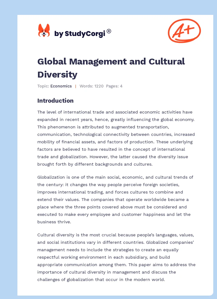 Global Management and Cultural Diversity. Page 1
