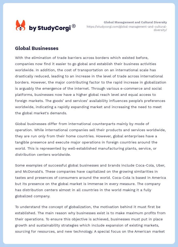 Global Management and Cultural Diversity. Page 2