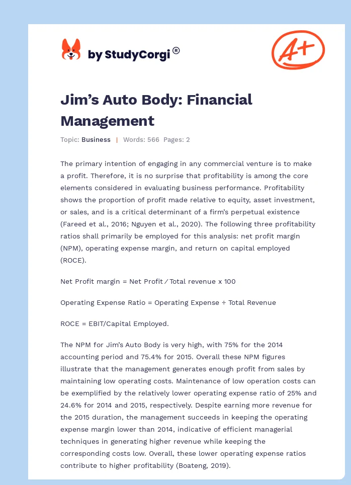 Jim’s Auto Body: Financial Management. Page 1