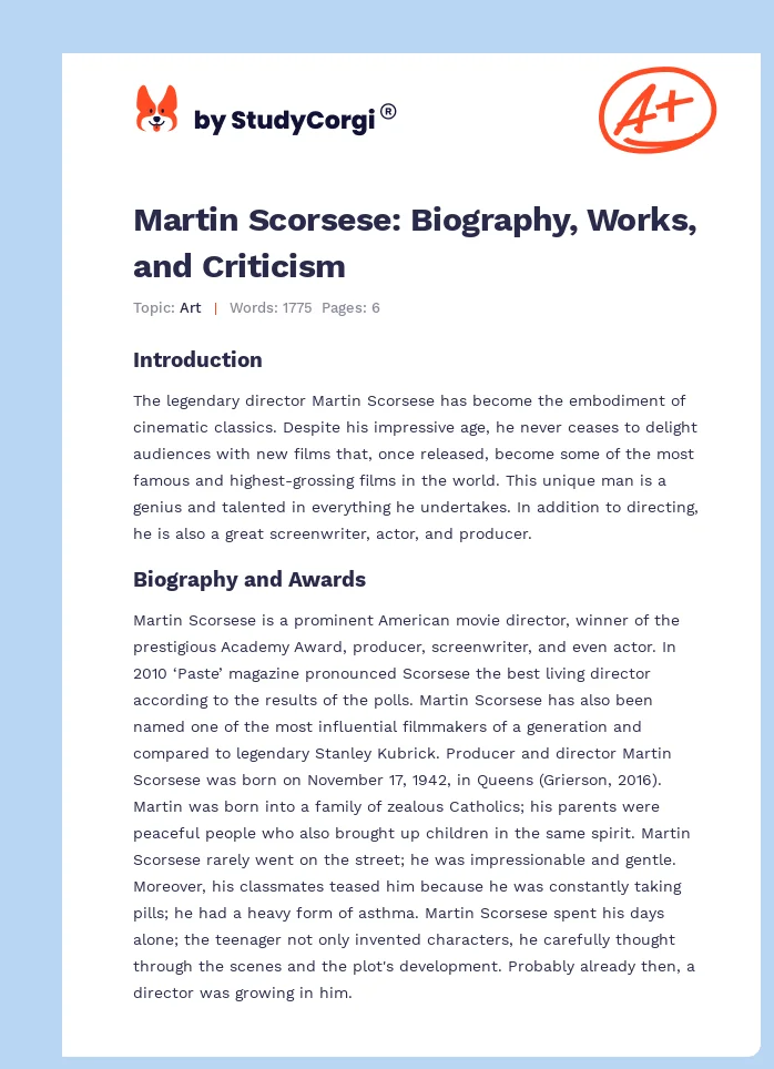 Martin Scorsese: Biography, Works, and Criticism. Page 1