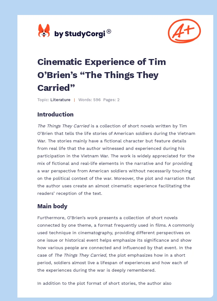 Cinematic Experience of Tim O’Brien’s “The Things They Carried”. Page 1