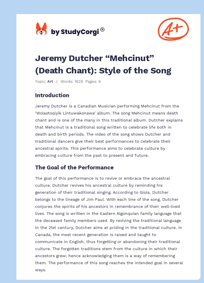 Jeremy Dutcher “Mehcinut” (Death Chant): Style of the Song. Page 1