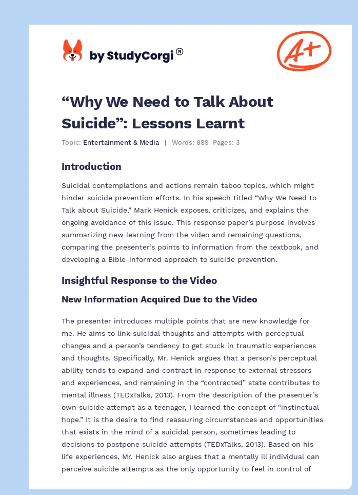 “Why We Need to Talk About Suicide”: Lessons Learnt. Page 1