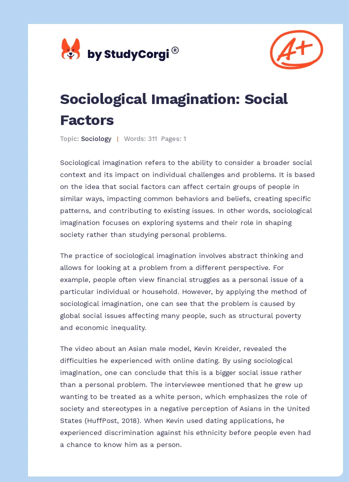 Sociological Imagination: Social Factors. Page 1