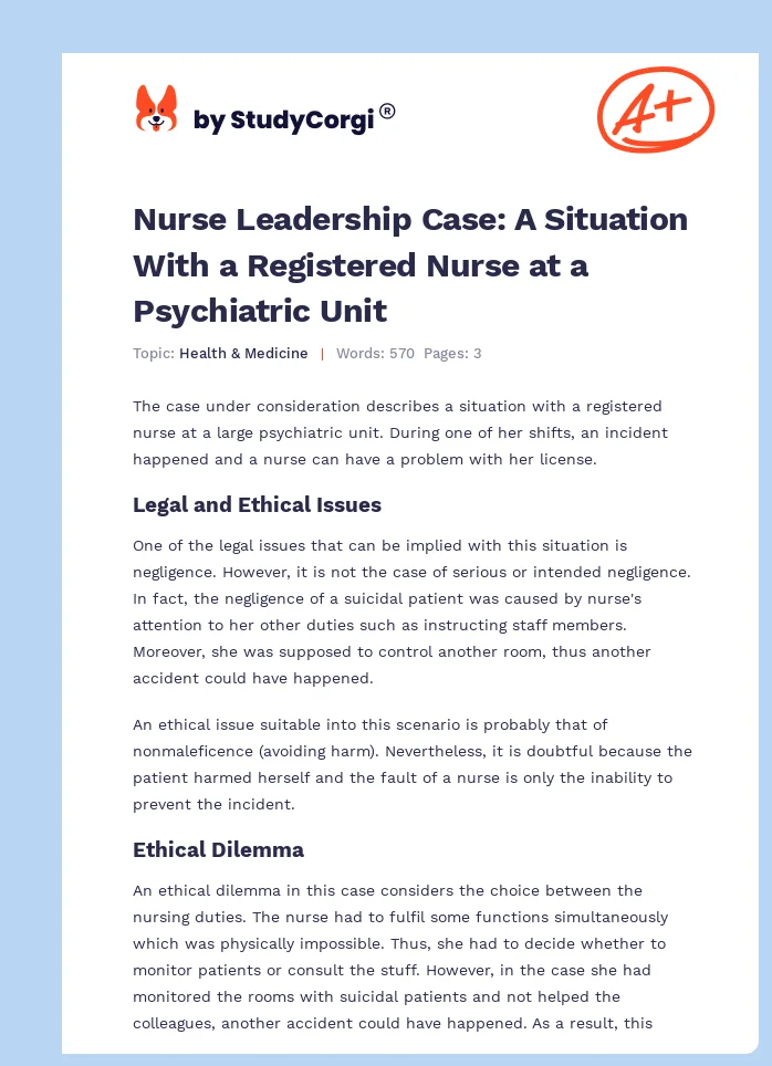 Nurse Leadership Case: A Situation With a Registered Nurse at a Psychiatric Unit. Page 1