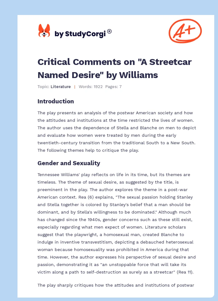 Critical Comments on "A Streetcar Named Desire" by Williams. Page 1