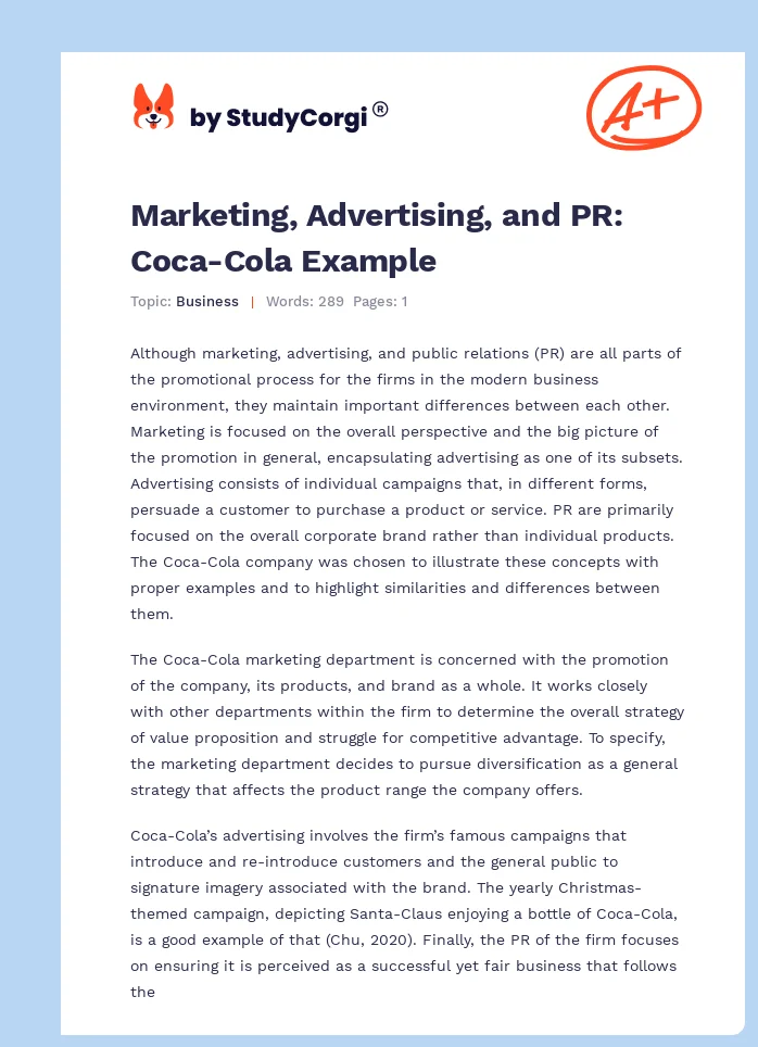 Marketing, Advertising, and PR: Coca-Cola Example. Page 1