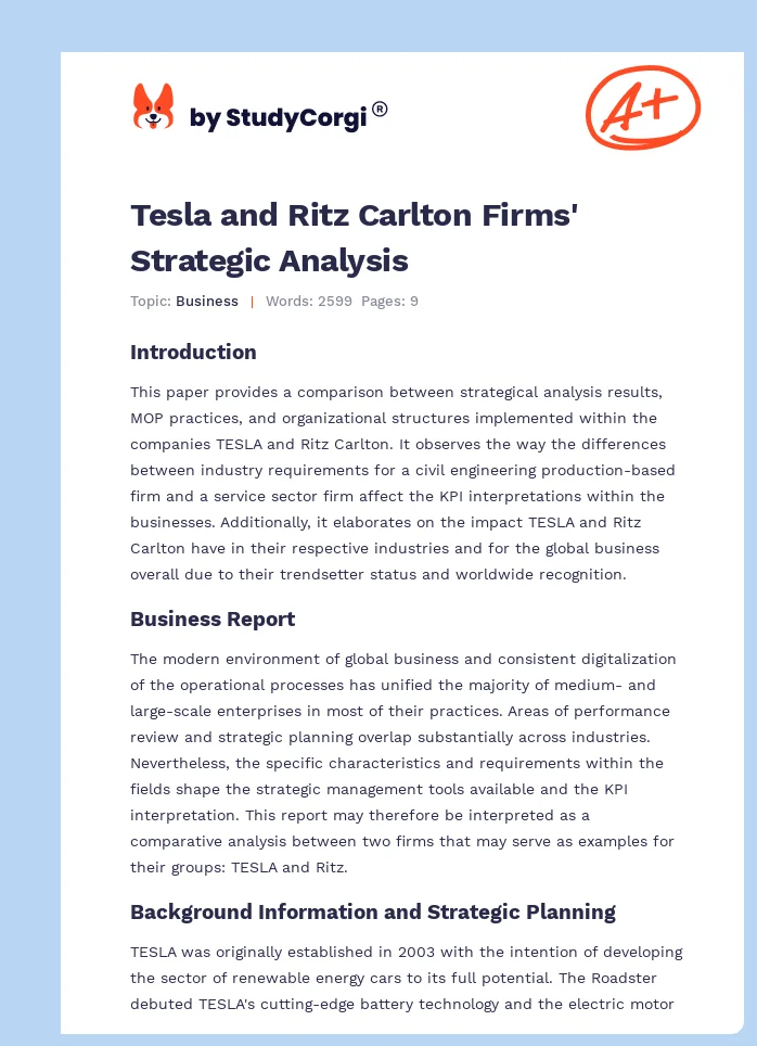 Tesla and Ritz Carlton Firms' Strategic Analysis. Page 1