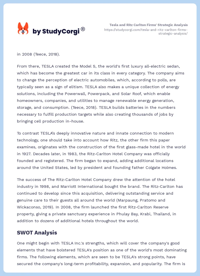 Tesla and Ritz Carlton Firms' Strategic Analysis. Page 2