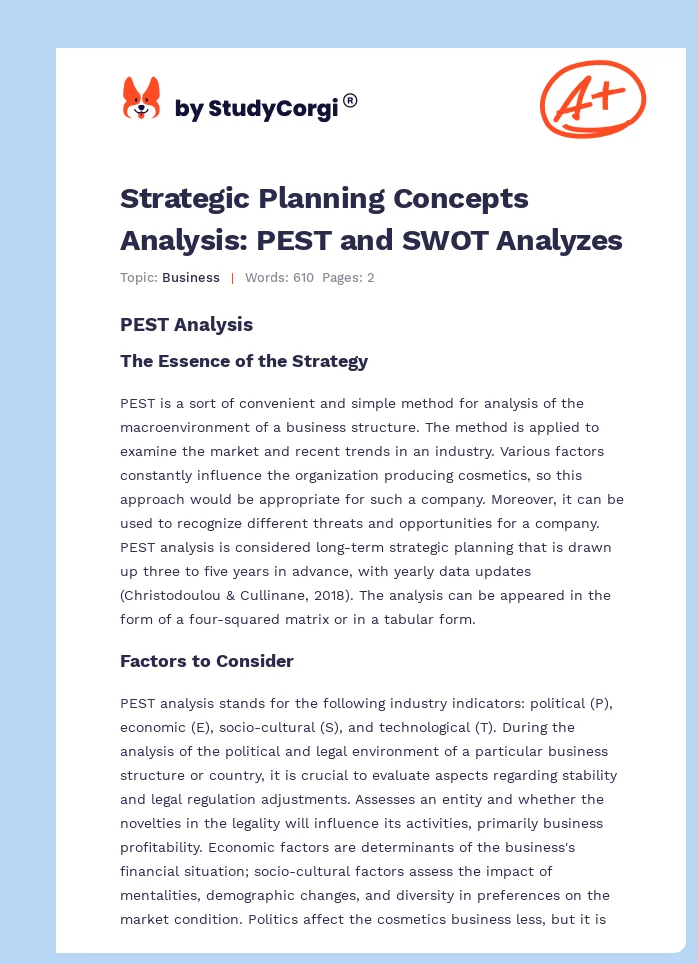 Strategic Planning Concepts Analysis: PEST and SWOT Analyzes. Page 1
