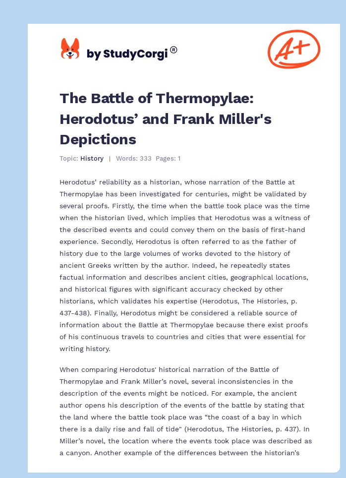 The Battle of Thermopylae: Herodotus’ and Frank Miller's Depictions. Page 1