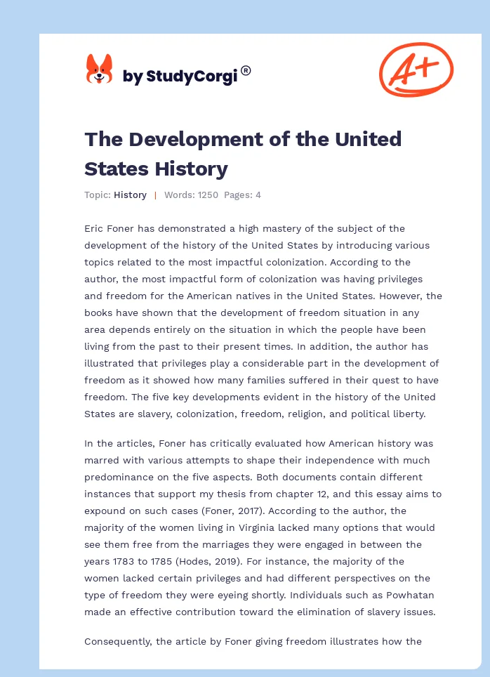 The Development of the United States History. Page 1
