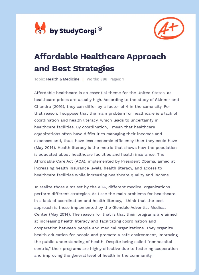 Affordable Healthcare Approach and Best Strategies. Page 1