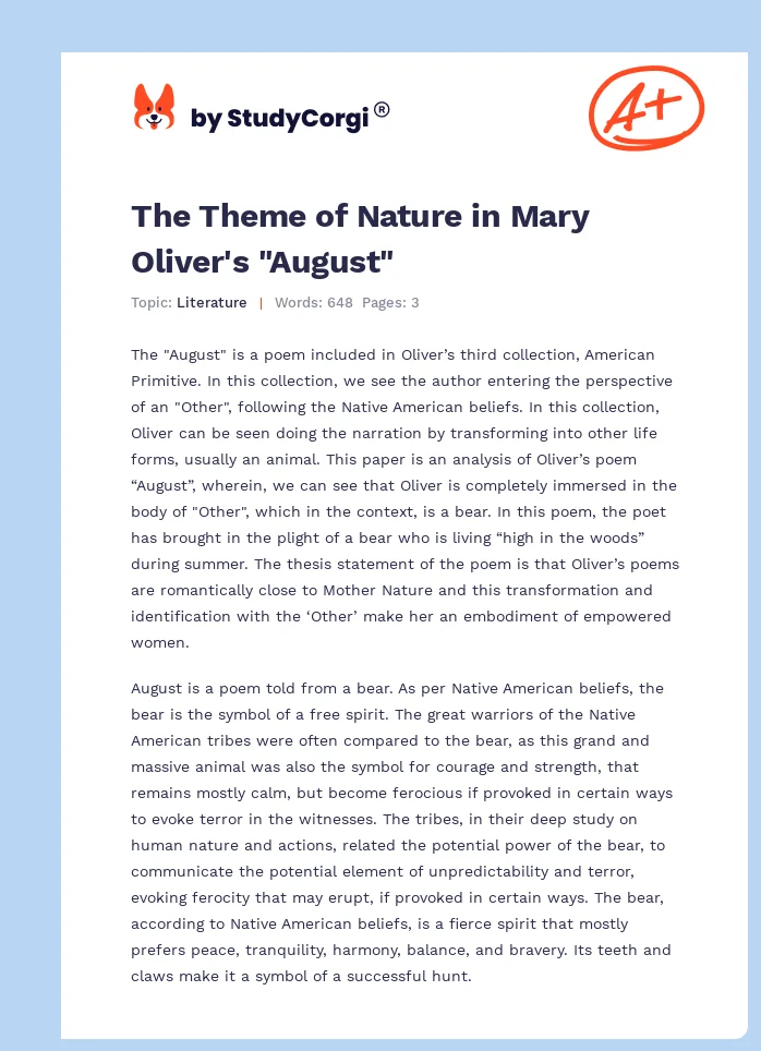 The Theme of Nature in Mary Oliver's "August". Page 1