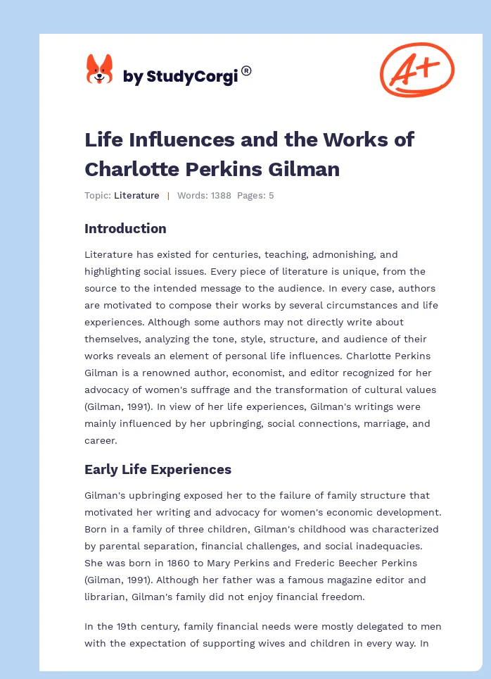 Life Influences and the Works of Charlotte Perkins Gilman. Page 1