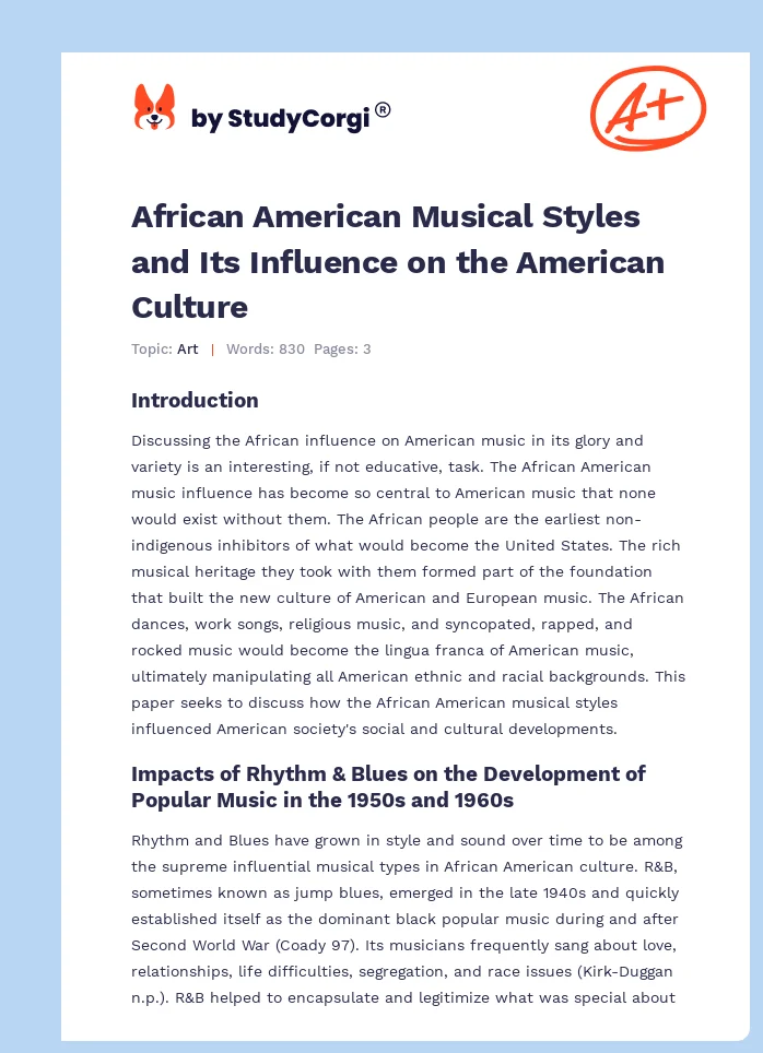 African American Musical Styles and Its Influence on the American Culture. Page 1