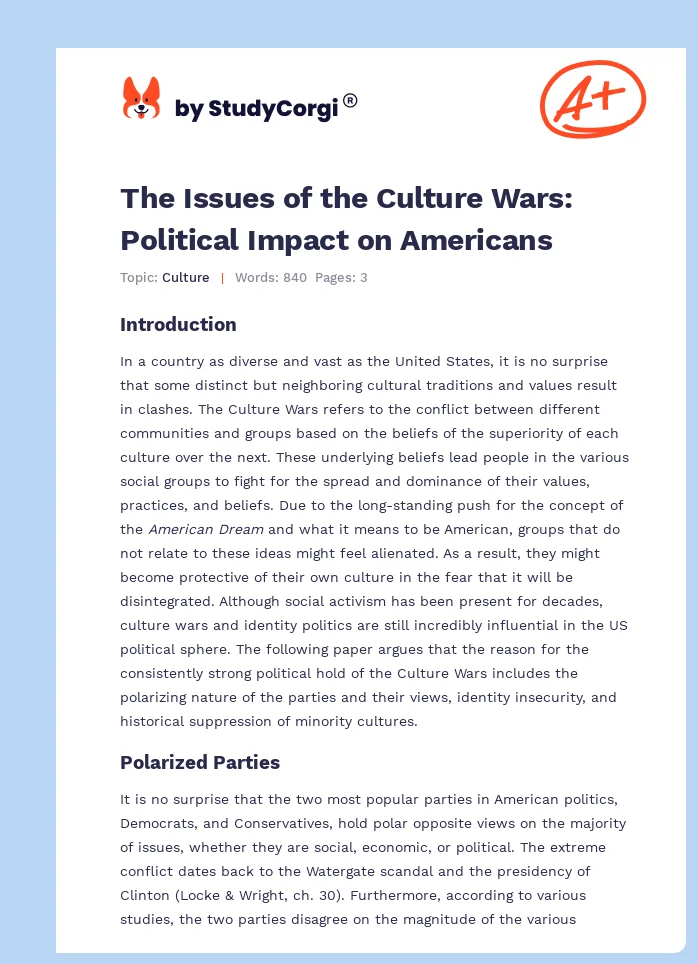 The Issues of the Culture Wars: Political Impact on Americans. Page 1