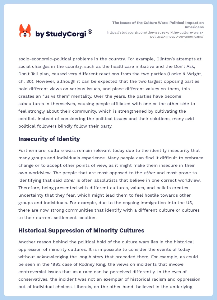 The Issues of the Culture Wars: Political Impact on Americans. Page 2
