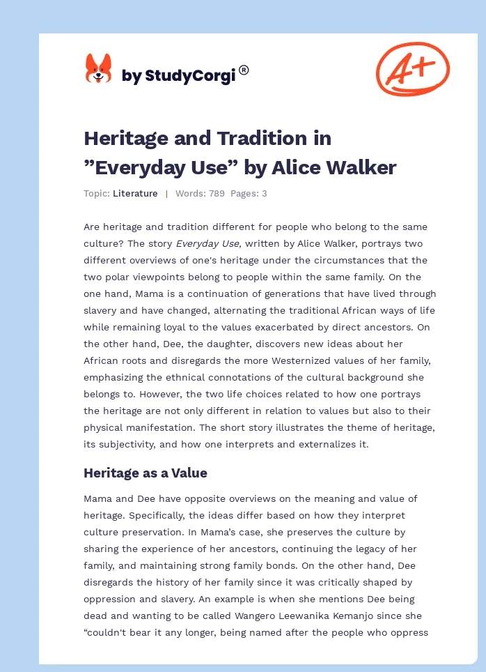 Heritage and Tradition in ”Everyday Use” by Alice Walker. Page 1