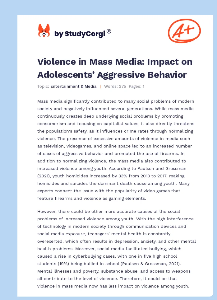 Violence in Mass Media: Impact on Adolescents’ Aggressive Behavior. Page 1