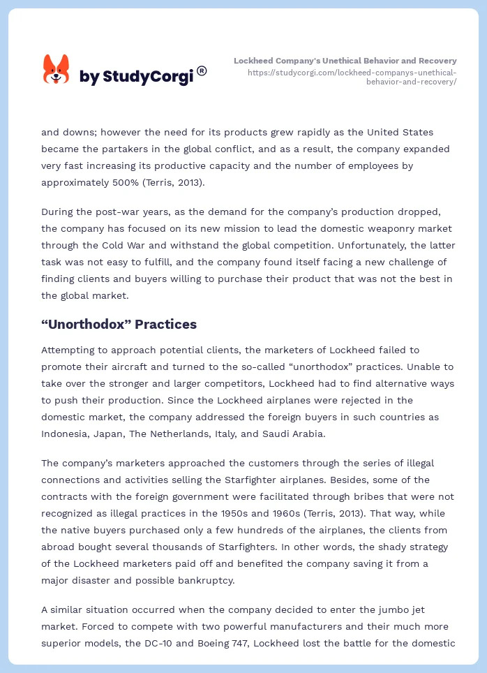 Lockheed Company's Unethical Behavior and Recovery. Page 2