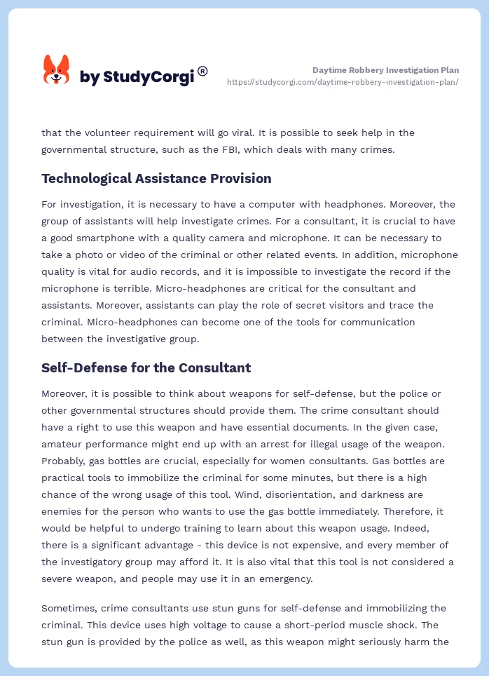 Daytime Robbery Investigation Plan Free Essay Example