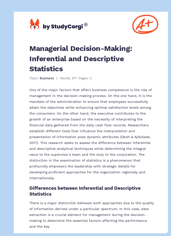 Managerial Decision-Making: Inferential and Descriptive Statistics. Page 1