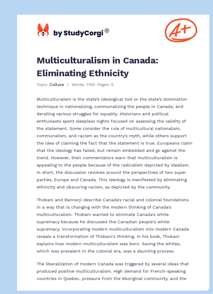 Multiculturalism in Canada: Eliminating Ethnicity. Page 1