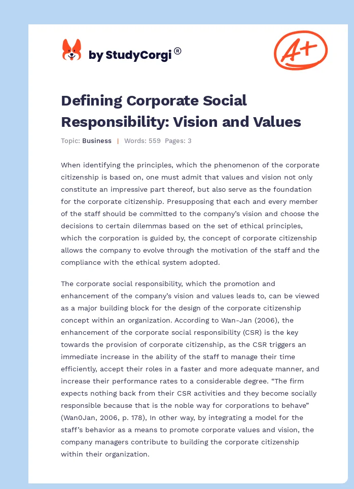 Defining Corporate Social Responsibility: Vision and Values. Page 1