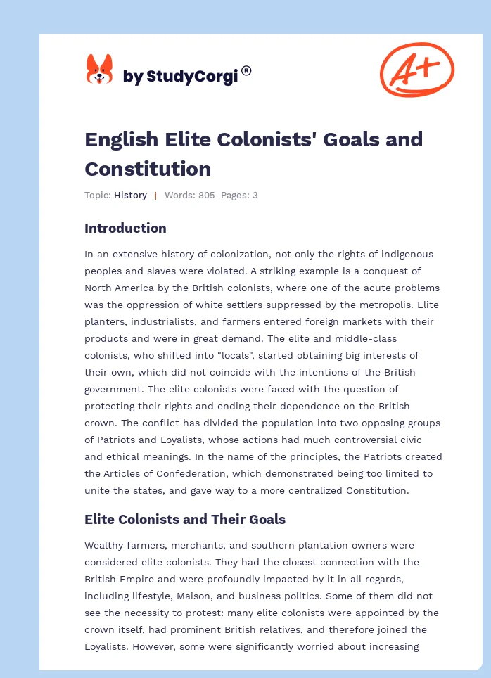 English Elite Colonists' Goals and Constitution. Page 1