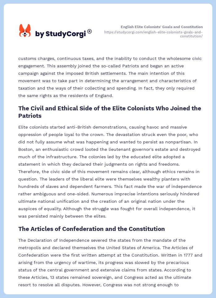 English Elite Colonists' Goals and Constitution. Page 2