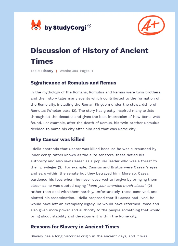 Discussion of History of Ancient Times. Page 1