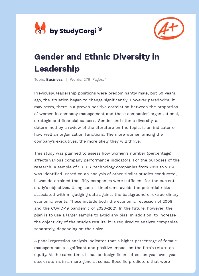 Gender and Ethnic Diversity in Leadership. Page 1