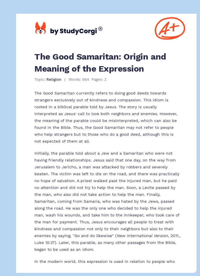 The Good Samaritan: Origin and Meaning of the Expression. Page 1