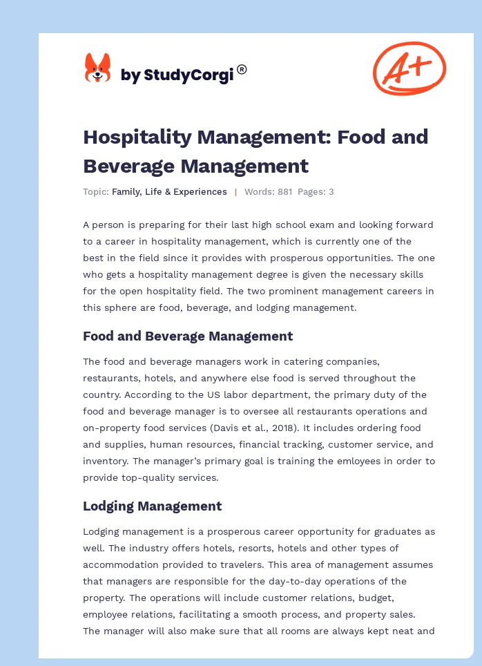 Hospitality Management: Food and Beverage Management. Page 1