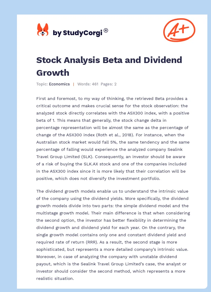 Stock Analysis Beta and Dividend Growth. Page 1