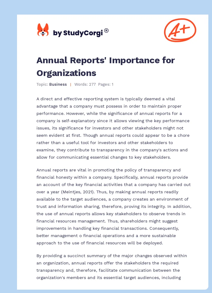Annual Reports' Importance for Organizations. Page 1