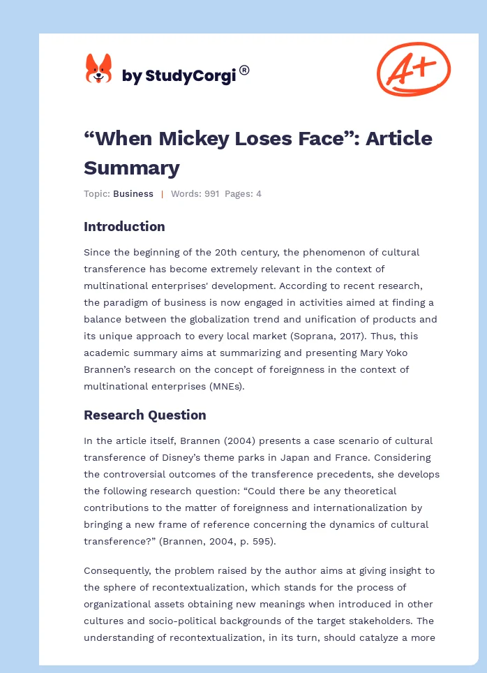 “When Mickey Loses Face”: Article Summary. Page 1