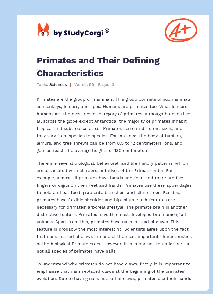 Primates and Their Defining Characteristics. Page 1
