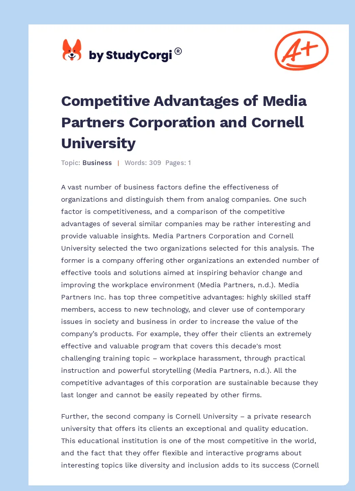 Competitive Advantages of Media Partners Corporation and Cornell University. Page 1